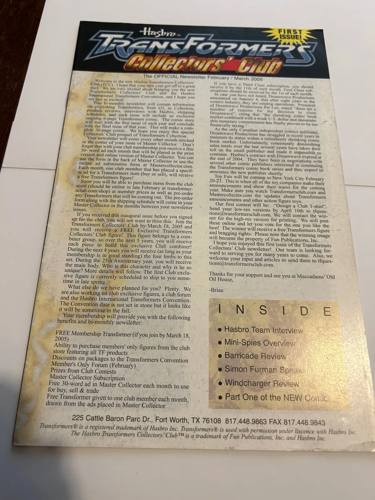 Tf Botcon / Tfcc Membership Mailer #01 First Exciting Issue 1