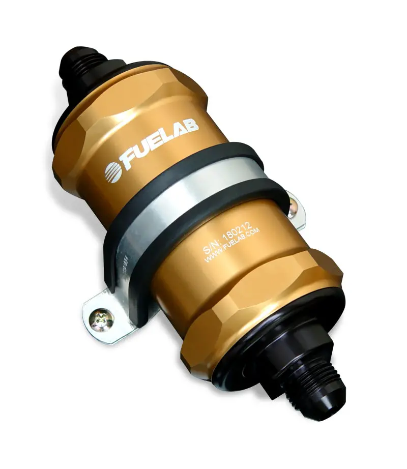Fuelab 818 In-Line Fuel Filter – -10An Fittings, 100-Micron Stainless Steel Element, Gold Finish 1